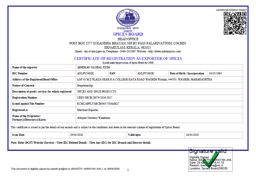 spices board cres rcmc certificte